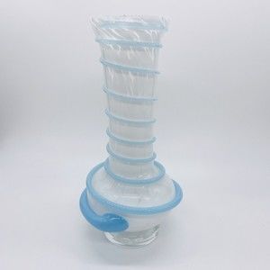 Unique Art Glass Pedestal Vase White Spatter Blue Swirl Wrapped Cord 7.25"